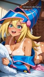 1boy :d abs ai_generated ass bare_shoulders bikini_tan blonde_hair blue_headwear blush blush_stickers breasts cleavage collarbone dark-skinned_male dark_magician_girl dark_skin duel_monster female green_eyes grin hair_between_eyes hat indoors jewelry large_breasts long_hair lying male meitabuu muscular neck_ring nude on_stomach open_mouth pentacle pillow pillow_grab prone_bone sex sex_from_behind shonen_jump smile solo_focus straight sweat tan tanlines teeth torso_grab wizard_hat yu-gi-oh! yu-gi-oh!_duel_monsters