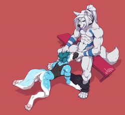 anthro balls bench black_penis blue_fur blue_hair bottomless canine clothed clothing duo fellatio fur hair husky male mammal nude oral penis red_background sex simple_background stoopix white_fur white_hair wolf yaoi