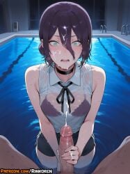 1boy 1girls 2025 ai_assisted ai_generated anime anime_girl anime_style artist_name bangs bare_arms bare_shoulders black_bra black_choker black_hair black_ribbon black_shorts blush bra bra_visible_through_clothes breasts chainsaw_man choker collared_shirt cum cum_on_clothes cum_on_hair dark-skinned_male dark_skin ejaculation erection facial female green_eyes hair_between_eyes hair_bun handjob hi_res high_quality high_res high_resolution highres indoors interracial looking_at_viewer male medium_breasts neck_ribbon night open_mouth outdoors partially_submerged patreon patreon_username penis pool pov purple_hair reze_(chainsaw_man) ribbon rinkoai ripples see-through shirt short_hair short_shorts shorts single_hair_bun sleeveless sleeveless_shirt solo_focus standing straight sweat teeth uncensored underwear veins veiny_penis wading water watermark wet wet_clothes wet_hair wet_shirt white_shirt wing_collar