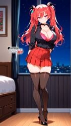 ai_generated black_shirt black_thighhighs boosterred99 bra collar firika_mia_shatana full_body heels high_heels illustrious_(stable_diffusion) legs long_hair nukidoki! pony_diffusion_xl purple_eyes red_hair red_skirt seductive_smile shirt skirt thick_thighs thighs twintails underwear
