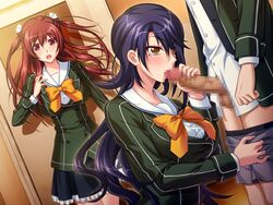 fellatio hair oral precum purple_hair red_eyes red_hair saiminjutsu_3 school_uniform yellow_eyes