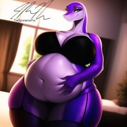 2023 ai ai_generated belly big_belly big_breasts breasts chubby chubby_female female lingerie looking_at_viewer mommy nipples overweight overweight_female reptile snake thepyromancerfox wife