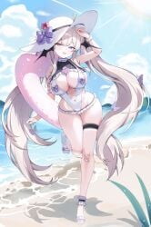 1girls :d big_breasts blue_sky blush breasts cleavage dotchi female full_body hat large_breasts looking_at_viewer navel one_piece_swimsuit open_mouth outdoors purple_eyes solo solo_female standing_on_one_leg sun_hat swimsuit thigh_gap thigh_strap thighs twintails very_long_hair white_hair white_headwear white_one-piece_swimsuit wide_hips