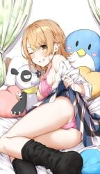 1girls absurdres ass bare_shoulders bed black_socks blonde_hair blush bow bow_bra bra breasts clothes_lift commentary_request curtains highres isshiki_iroha lace-trimmed_bra lace_trim lifting_own_clothes lying medium_breasts medium_hair off_shoulder on_bed on_side one_eye_closed panties pink_bra pink_panties plaid_clothes plaid_skirt sahara386 school_uniform shirt shirt_slip skirt skirt_lift sobu_high_school_uniform socks solo stuffed_toy underwear white_shirt yahari_ore_no_seishun_lovecome_wa_machigatteiru. yellow_eyes