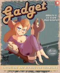 2020 3_toes 5_fingers anthro areola areola_slip batartcave blonde_hair blue_eyes breasts chip_'n_dale_rescue_rangers digital_media_(artwork) dirty disney english_text eyelashes eyewear eyewear_on_head feet female fingers gadget_hackwrench goggles goggles_on_head half-closed_eyes hi_res long_hair looking_at_viewer mammal mouse murid murine narrowed_eyes nipple_outline patreon patreon_logo rodent smile solo text toes tools url wrench