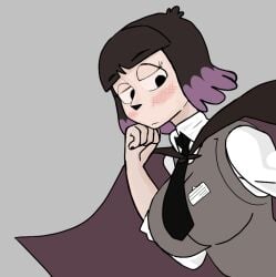 belt blush cape dope_(artist) fanart grey_background hilda_(series) kaisa_(hilda) large_breasts long_sleeves looking_down purple_hair short_hair simple_background tie two_tone_hair