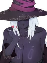 1girls big_breasts breasts clothed clothed_female dark-skinned_female dark_skin elden_ring elden_ring_nightreign female female_focus hat_over_eyes large_boobs large_breasts looking_at_viewer recluse_(nightreign) smile smiling smiling_at_viewer solo solo_female solo_focus white_hair white_hair_female