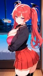 ai_generated black_shirt black_thighhighs boosterred99 bra collar firika_mia_shatana illustrious_(stable_diffusion) long_hair nukidoki! pony_diffusion_xl purple_eyes red_hair red_skirt seductive_smile shirt skirt thick_thighs thighs twintails underwear