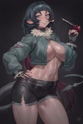 1girls alternate_breast_size animal_ears big_breasts black_gloves black_hair black_shorts blunt_bangs breasts celyn404 combat_knife cowboy_shot crop_top crop_top_overhang cropped_jacket female fingerless_gloves fingernails fur_collar gloves green_eyes green_jacket hair_intakes hand_on_own_hip hand_up highres index_finger_raised jacket jane_doe_(zenless_zone_zero) knife large_breasts legs_apart linea_alba lips long_hair long_sleeves long_tail looking_at_viewer mechanical_tail mouse_ears multicolored_hair nail_polish navel no_bra no_legwear red_hair red_nails sharp_tail short_shorts shorts smile solo spinning_weapon stomach tail thighhighs toned toned_female turtleneck turtleneck_jacket two-tone_hair very_long_hair weapon zenless_zone_zero