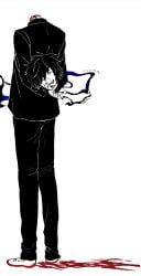 1boy black_hair bleeding blood blood_on_ground closed_eyes disembodied_head gakuran guro highres holding_detached_head injury male male_focus randal's_friends school_uniform short_hair simple_background solo standing tsukada_satoru uri_ka55 white_background