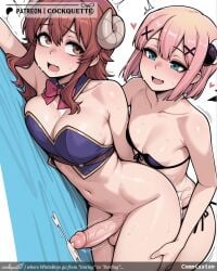 2futas 2girls ^^^ ahoge ai_generated balls bikini blush breasts brown_eyes brown_hair chiyoda_momo cleavage cockquette cum cum_while_penetrated curled_horns demon_girl demon_horns demon_tail ejaculation erection eyebrows_visible_through_hair female foreskin full-package_futa futa_with_futa futanari futasub hair_ornament hairclip handsfree_ejaculation heart horns intersex large_breasts large_penis long_hair medium_breasts multiple_girls navel oerba_yun_fang open_mouth panties penis pink_hair revealing_clothes scar shiny shiny_hair short_hair simple_background sweat tagme tail testicles tight_foreskin trembling twitching_penis uncircumcised underwear veins veiny_penis yoshida_yuuko_(machikado_mazoku)