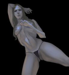 ass_visible_through_thighs big_forehead black_background blatodeo002 enki_ankarian expressionless fear_and_hunger female female_only genderswap_(mtf) light-skinned_female light_brown_hair light_skin long_hair looking_at_viewer muscidae pale-skinned_female pale_skin rule_63 skinny solo thick_thighs topless topless_female underwear