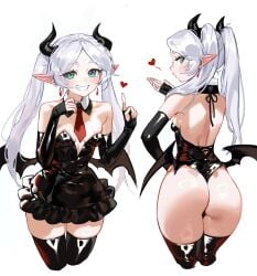 absurdres ass backless_leotard bare_shoulders bat_wings black_dress black_gloves black_leotard black_thighhighs blowing_kiss blush breasts commentary cropped_legs demon_horns detached_collar dress earrings elbow_gloves elf fake_horns fake_wings female fingerless_gloves foolish_potato frieren from_behind gloves green_eyes grey_hair grin hand_on_own_hip hands_up heart highleg highleg_leotard highres horns index_finger_raised jewelry leotard long_hair long_pointy_ears looking_at_viewer looking_back low_wings multiple_views necktie parted_bangs pointy_ears red_necktie shiny_skin short_dress short_necktie simple_background small_breasts smile sousou_no_frieren strapless strapless_dress strapless_leotard symbol-only_commentary teardrop_earrings thighhighs thong_leotard twintails very_long_hair white_background wings