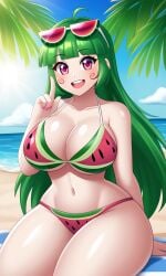 ai_art ai_generated beach beach_towel big_breasts bikini cleavage female green_hair happy joyboy56 long_hair mostly_nude navel pink_eyes sitting sunglasses sunglasses_on_head thick_thighs vannamelon vannamelon_(copyright) watermelon_bikini watermelon_bra