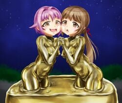 2girls bodypaint cheek-to-cheek gold_paint gold_skin heads_together idolmaster idolmaster_cinderella_girls interlocked_fingers koshimizu_sachiko metal_skin multiple_girls paint puffy_nipples pussy yaneura_(yaneur) yorita_yoshino yuri
