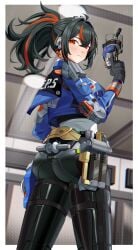 1girls absurdres ass big_ass big_breasts black_gloves black_hair black_pants blue_jacket blush closed_mouth clothes_writing commentary cowboy_shot cropped_jacket female from_behind gloves gun haerge hair_between_eyes hand_up highres holding holding_gun holding_weapon jacket long_hair long_sleeves looking_at_viewer looking_back multicolored_hair pants police police_uniform ponytail red_eyes red_hair solo streaked_hair weapon zenless_zone_zero zhu_yuan