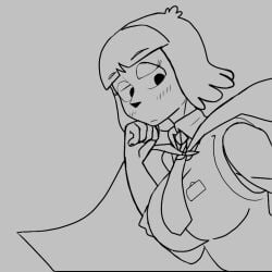 belt blush cape dope_(artist) fanart grey_background hilda_(series) kaisa_(hilda) large_breasts line_art long_sleeves looking_down short_hair simple_background tie