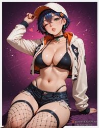 2025 ai_generated arm_support bangs baseball_cap belle_(zenless_zone_zero) bikini black_bikini black_choker black_hair blue_hair blush breasts choker cleavage collarbone cutoffs denim denim_shorts earrings female female female_focus fishnet_thighhighs fishnets green_eyes hair_between_eyes hair_ornament hand_on_headwear hat heart highleg hoyoverse jacket jewelry large_breasts lips long_sleeves looking_at_viewer mihoyo mole mole_on_breast navel nsfw one_eye_closed open_clothes open_jacket parted_lips rognezart shiny shiny_skin short_hair short_shorts shorts sitting skindentation solo stomach swimsuit thighhighs thighs white_jacket zenless_zone_zero