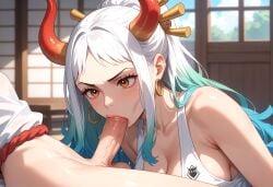 1girls ai ai_generated anime artist_request blowjob blue_hair_tips blush cleavage close-up clothing detailed_shading erection fellatio female gold_earrings horns indoors japanese_room large_breasts male one_piece oral_sex orange_eyes penis red_horns sexy soft_lighting sucking sucking_penis sunlight white_hair white_topwear window yamato_(one_piece)