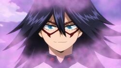anime black_hair black_hair_female blue_eyes blue_eyes_female boku_no_hero_academia close_up hair_between_eyes human human_female long_hair looking_at_viewer looking_pleasured mask masked_female midnight_(my_hero_academia) my_hero_academia official_animation pleasure_face smile smiling smiling_at_viewer solo solo_female solo_focus superhero superhero_costume superheroine superheroine_costume teacher up_close
