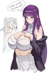 2girls bare_shoulders big_breasts blush bra breast_envy breasts bulging_eyes celyn404 cleavage dress elf english_text fern_(sousou_no_frieren) frieren grey_hair highres large_breasts long_hair multiple_girls off_shoulder pointy_ears purple_eyes purple_hair simple_background sousou_no_frieren sweat twintails underwear white_background white_dress