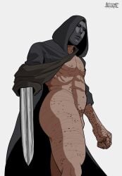 amputated_arm amputee blatodeo002 body_markings bottomless cloak fear_and_hunger hood hood_up isayah_(fear_and_hunger) male male_only mask masked masked_male mostly_nude muscidae muscular muscular_male penis penis_peek solo sword weapon