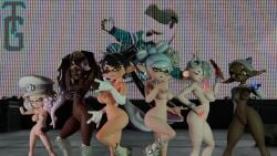 3d 3d_(artwork) 6girls ass big_breasts blender blender_(software) boots boots_only callie_(splatoon) dark-skinned_female dark_skin frye_(splatoon) grand_festival_(splatfest) light-skinned_female light_skin looking_at_viewer marie_(splatoon) marina_(splatoon) multiple_girls naked naked_female nintendo no_panties no_pants no_shirt nude nude_female pearl_(splatoon) performance pose san_jose_sharks shiver_(splatoon) shoes shoes_only sj_sharkie splatoon tealgerudo