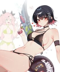 2girls absurdres armlet artist_name bikini black_bikini bow breasts choker closed_mouth curvy ellen_joe fins fish_tail fishnets green_bikini green_eyes heart highres holding holding_water_gun jewelry leaning_back light_blush long_hair looking_at_viewer medium_breasts multicolored_hair multiple_girls nail_polish nicole_demara noodychaan open_mouth red_eyes ribbon shark_girl shark_tail shiny_skin short_hair simple_background solo_focus sweatdrop swimsuit tail thong thong_bikini two-tone_hair water_gun white_background wide_hips zenless_zone_zero