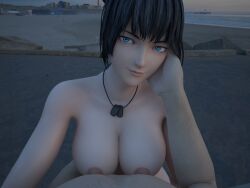 beach blue_eyes blue_hair brazilian brazilian_female dog_tags dukenukemnever hand_on_another's_cheek hand_on_another's_face holding_cheek ikari_warriors king_of_fighters king_of_fighters_xiv leona_heidern metal_slug nude_female outdoors outside pov pov_eye_contact pov_male smile snk tagme