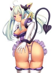 ahoge amakubo_yuri anus anus_peek ass bare_shoulders blush breasts daiaru dark_skin demon_girl demon_horns demon_tail earrings elbow_gloves female from_behind gloves grabbing_own_ass green_hair hair_ornament hand_on_own_ass highres horns jewelry kougyaku_reiki kouyoku_senki_exs-tia long_hair looking_at_viewer looking_back magical_girl medium_breasts nipple_slip nipples panties pink_eyes pointy_ears purple_eyes simple_background slit_pupils small_breasts smile solo spread_ass tail tan thigh_gap thighhighs thong transparent_background twintails underwear variant_set white_gloves white_panties white_thighhighs