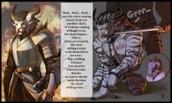 anthro bondage bondage bound charr chastity_cage chastity_device collar cuff_(restraint) cuffs_to_collar felid furiousart guild_wars hi_res horn humiliation male male/male mammal nipple_piercing nipples piercing restraints slave solo solo_focus submissive