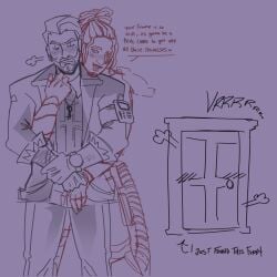 2boys beard blush blush blush_lines bouncer date_everything dorian_(date_everything) dreadlocks fingerless_gloves fully_clothed funny gay henryhoove key_necklace male/male muscular muscular_male page_1 pulling_collar sweat sweatdrop wristwatch