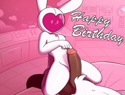 1boy 1girls anthro big_penis bunny_girl finger_on_glans finger_on_penis functionally_nude functionally_nude_female helmet helmet_only hi_res measuring_penetration_depth medium_breasts navel nude_male original original_character purpleflamensfw space_helmet white_fur