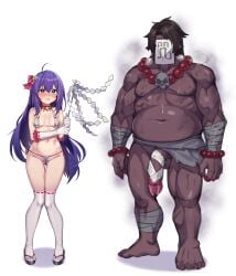 1boy 1girls absurdres ahe_gao ahoge bare_shoulders barefoot bead_bracelet bead_necklace beads bikini blush bracelet brown_hair censored covered_face fat_male fat_man female full_body gloves groin highres holding idolmaster idolmaster_million_live! japanese_clothes jewelry long_hair male miko mochizuki_anna mosaic_censoring muscular muscular_male navel necklace penis pointy_ears purple_hair sandals shennai_misha standing swimsuit teeth thighhighs white_gloves white_thighhighs