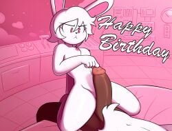 1boy 1girls anthro big_penis bunny_girl finger_on_glans finger_on_penis hi_res measuring_penetration_depth medium_breasts navel nude_female nude_male original original_character purpleflamensfw white_fur