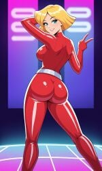 1girls ai_generated ass big_breasts blonde_hair blue_eyes bodysuit breasts bubble_butt clothed clover_(totally_spies) club curvy curvy_female dance_floor female female_only from_behind her_brother_drives_a_subaru indoors looking_back neon_lights peace_sign red_bodysuit self_upload short_hair skin_tight solo stable_diffusion totally_spies voluptuous