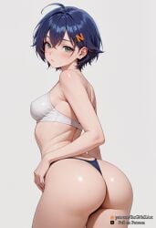 2025 ahoge ai_generated ass back bangs bare_arms bare_shoulders belle_(zenless_zone_zero) black_panties blue_hair blush breasts closed_mouth covered_nipples cowboy_shot earrings female female female_focus from_behind green_eyes grey_background hair_between_eyes hair_ornament hairclip hoyoverse jewelry looking_at_viewer looking_back medium_breasts mihoyo nsfw panties rognezart shiny shiny_skin short_hair simple_background solo sports_bra standing stud_earrings thighs thong underwear zenless_zone_zero