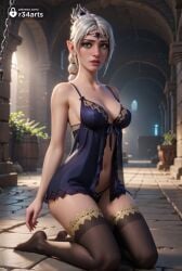 1girls ai_generated artist_name babydoll baldur's_gate baldur's_gate_3 bare_arms bare_shoulders black_panties black_thighhighs blurry blurry_background braid breasts chains cleavage collarbone diadem dungeons_and_dragons elf female full_body green_eyes hi_res indoors kneeling larian_studios lingerie lips long_hair looking_at_viewer medium_breasts navel no_shoes nose panties parted_lips patreon_username pointy_ears r34arts shadowheart solo thighhighs underwear web_address white_hair