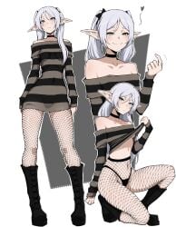 absurdres alternate_hairstyle boots breasts brown_sweater choker commentary dress earrings elf female fishnet_pantyhose fishnets frieren grey_hair highres jewelry kekel long_hair midriff off-shoulder_dress off_shoulder pantyhose pointy_ears simple_background small_breasts smile solo sousou_no_frieren sweater thong twintails white_background
