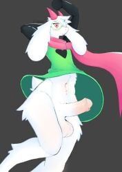 anthro balls bovid caprine clothed clothing deltarune dress e-mana erection eyewear femboy floppy_ears fluffy foreskin fur genitals glasses goat horn long_ears long_sleeves looking_at_viewer male mammal navel open_mouth penis raised_arms raised_clothing raised_dress ralsei scarf solo tail three-quarter_view undertale_(series) wearing_glasses white_body white_fur wide_hips