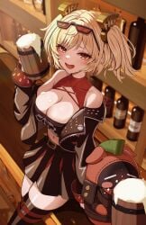 1girls :d absurdres alcohol bar_(place) beer beer_mug belt big_breasts black_belt black_jacket black_skirt black_thighhighs blonde_hair blurry blurry_background breasts burnice_white cleavage cleavage_cutout clothing_cutout commentary cup eyewear_on_head female hand_up highres holding holding_cup jacket large_breasts looking_at_viewer looking_over_eyewear miniskirt mug navel off_shoulder open_clothes open_jacket open_mouth orange_eyes pleated_skirt red-tinted_eyewear red_moccus_(zenless_zone_zero) shirt skirt sleeveless sleeveless_shirt smile solo spiked_jacket swept_bangs thighhighs tinted_eyewear twintails zenless_zone_zero zzirit6