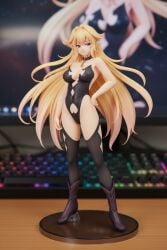 ai_generated bare_shoulders black_collar black_leotard black_thighhighs blonde_hair blurry_background boots breasts chains choker cleavage closed_mouth clothing clothing_cutout collar collarbone cutout_above_navel elf female female figure full_body hand_on_own_hip heart_cutout high_heel_boots high_heels highleg highleg_leotard large_breasts leotard long_hair looking_at_viewer medium_breasts navel_cutout pointy_ears purple_eyes purple_footwear smile solo stadium stage standing stomach_cutout strapless strapless_leotard thighhighs very_long_hair