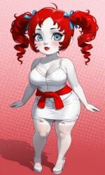 1female 1girls ai_generated atlus blue_eyes blue_ribbon blush breasts catherine_(catherine)_(cosplay) catherine_(game) cleavage cosplay curly_hair drill_hair female female_focus female_only freckles freckles_on_face hair hair_ribbon high_heels lips lipstick looking_at_viewer mob_entertainment pencil_skirt pixai poppy_(poppy_playtime) poppy_playtime red_hair red_lips red_lipstick red_ribbon ribbon ribbons short_stack shortstack stockings urikoito white_body white_high_heels white_skin