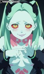 1girls accurate_art_style ai_generated bed blush breasts cd_projekt_red collarbone colored_sclera cyberpunk:_edgerunners cyberpunk_2077 female gesture gesturing_at_viewer green_hair hard_nipples hi_res holding_object jacket keoenl long_hair mechanical_eye medium_breasts navel neck_tattoo nipples nude open_jacket pale_skin patreon penetration_gesture pussy rebecca_(edgerunners) red_eyes sex_gesture small_breasts smug smug_face solo solo_focus stomach_tattoo suggestive suggestive_gesture tattoo twintails white_skin