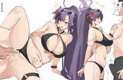 1boy absurdres bikini black_bikini blue_archive bulge doodle_sensei_(blue_archive) eyeshadow eyewear_on_head female halo highres large_breasts makeup male o-ring o-ring_bikini oerba_yun_fang official_alternate_costume official_alternate_hairstyle pinepin pink-framed_eyewear purple_halo red_eyeshadow sensei_(blue_archive) sex skin_fang straight swimsuit yukari_(blue_archive) yukari_(swimsuit)_(blue_archive)