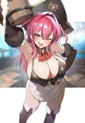 1girls apron black_corset corset female goddess_of_victory:_nikke hair_ornament hat hat_ornament highres kagerou_(gigayasoma) maid_apron mast_(nikke) mast_(romantic_maid)_(nikke) oerba_yun_fang official_alternate_costume one_eye_closed pirate_hat skin_fang skull_collar skull_hair_ornament skull_hat_ornament solo white_wrist_cuffs wooden_cup wrist_cuffs
