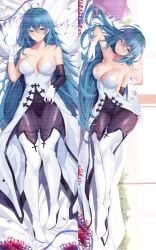 ahoge asymmetrical_gloves bed belly_button blue_eyes blue_hair blush boots breasts cameltoe cape clothed clothes_lift clothes_pull dakimakura_design dress dress_lift dress_pull earring elbow_gloves female feng_mouren fur_cape gloves high_heels leotard pantyhose red_spider_lilies robot robot_girl robot_humanoid sleeveless solo solo_female thigh_boots variant_set vivy vivy:_fluorite_eye's_song white_boots white_dress white_gloves windows