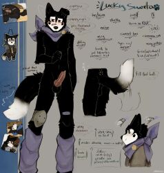 absurd_res animal_genitalia animal_penis anthro anus ass backsack balls band-aid band-aid_on_face band-aid_on_leg bandage bandage_on_face black_body black_fur blush bodily_fluids bracelet bulge canid canine canine_genitalia canine_penis canis cerberussenn character_bio chibi clothed clothing cum dipstick_tail encouragement floppy_ears flustered fur genital_fluids genitals heart_symbol hi_res jewelry kerchief knee_pads knot leg_warmers legwear lucky_sweeto_(cerberussenn) male mammal markings medallion midriff mole_(marking) narrowed_eyes neckerchief neckwear nervous one_ear_up penis pie_cut_eyes pleading_eyes precum pronouns shaking shy signature sketch_page slim_male smile solo stated_age stated_gender stated_height stated_penis_size stated_sexuality submissive tail tail_grab tail_markings tail_motion tailwag technology text throbbing throbbing_penis topless trembling v-line wolf