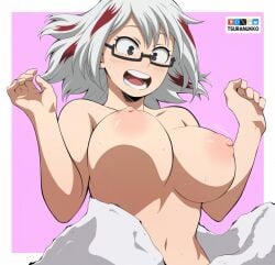 1girls big_breasts blush bouncing_breasts breasts embarrassed female fuyumi_todoroki glasses medium_hair multicolored_hair my_hero_academia navel nipples solo solo_female solo_focus sweat topless towel towel_drop tsuranukko white_hair