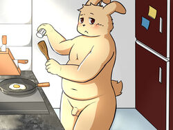 :< balls blush cooking egg flaccid humanoid_penis lagomorph male mammal nude obese overweight partially_retracted_foreskin penis rabbit red_eyes salt solo standing uncut 萌の傻蛋熊